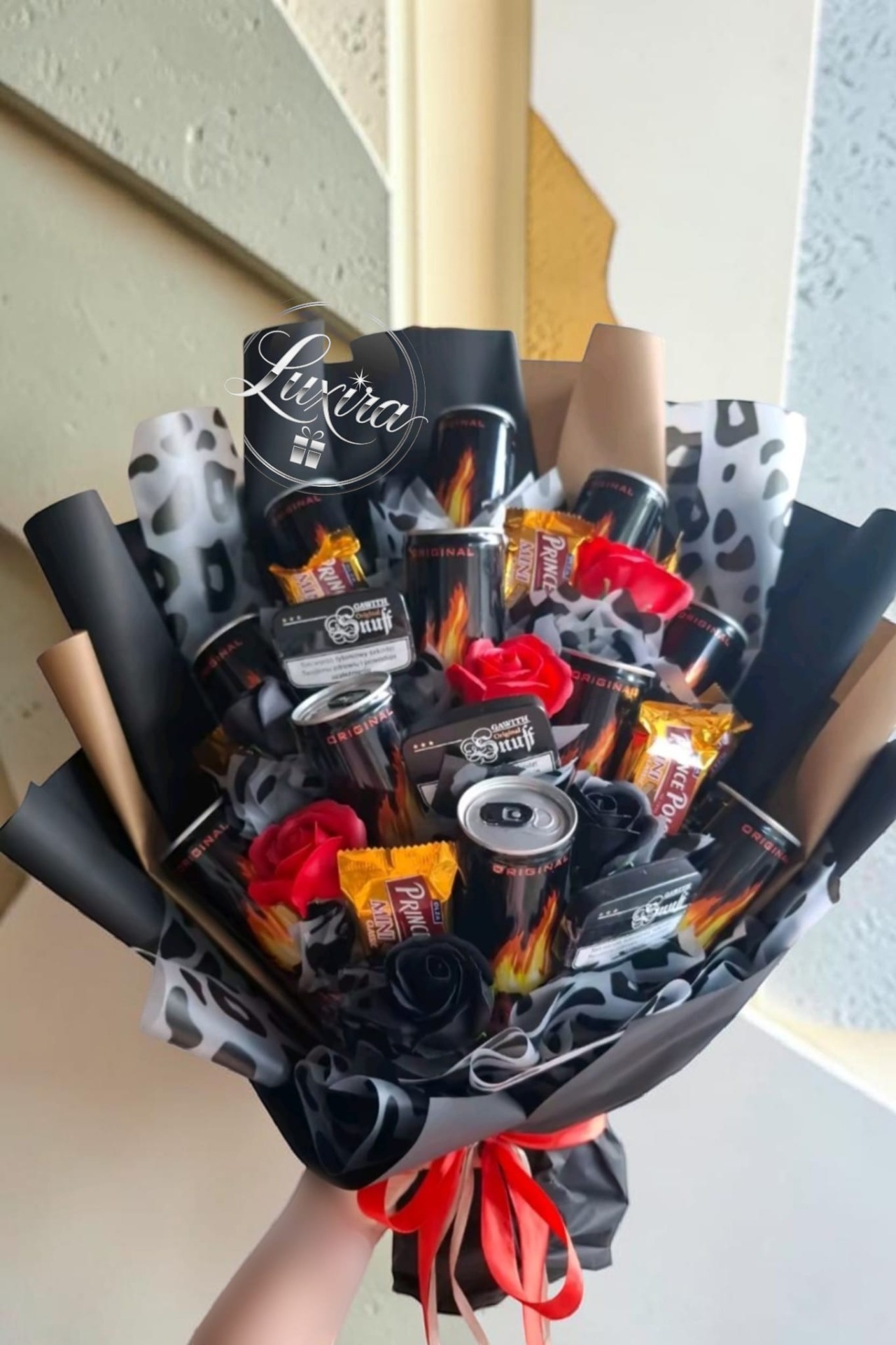 Luxusná energy drink kytica Black Fire s tabakom Snuff